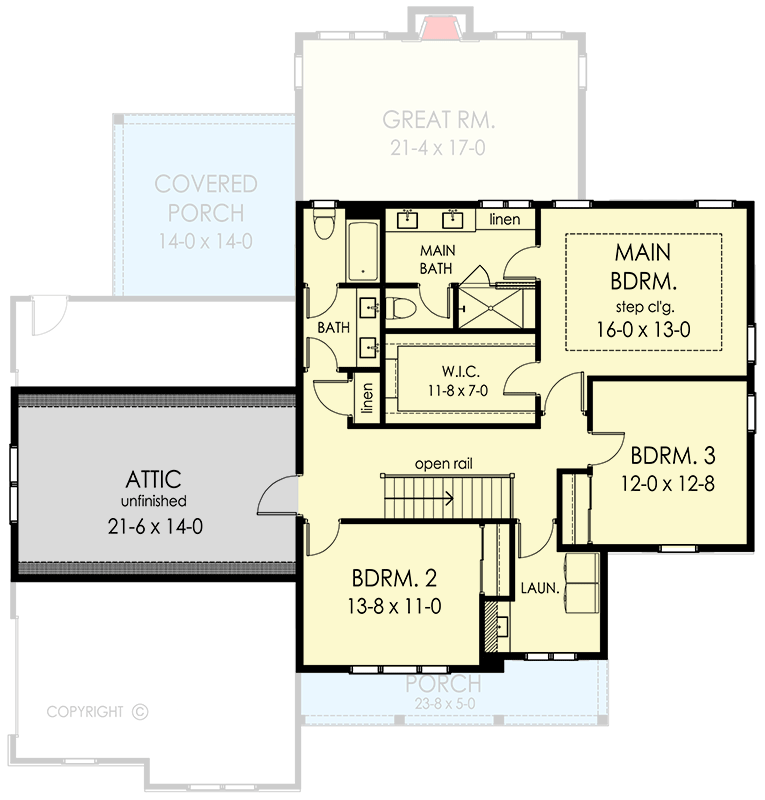 Plan 790140GLV: 2614 Square Foot 2-Story New American House Plan with 3 Upstairs Bedrooms - Floor Plan - 2nd Floor - Country, New American, Traditional