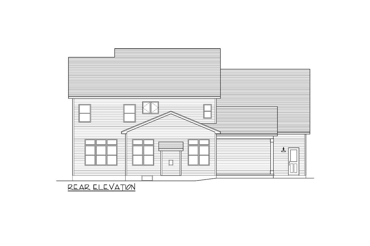 Rear elevation house plan showing a two-story structure with a gable roof, covered entry, and numerous windows.