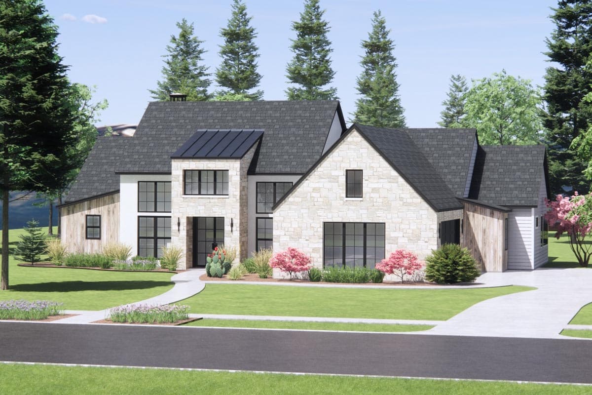 House plan exterior rendering of a two-story Modern Farmhouse with stone and wood siding, multiple gables, and a metal roof.