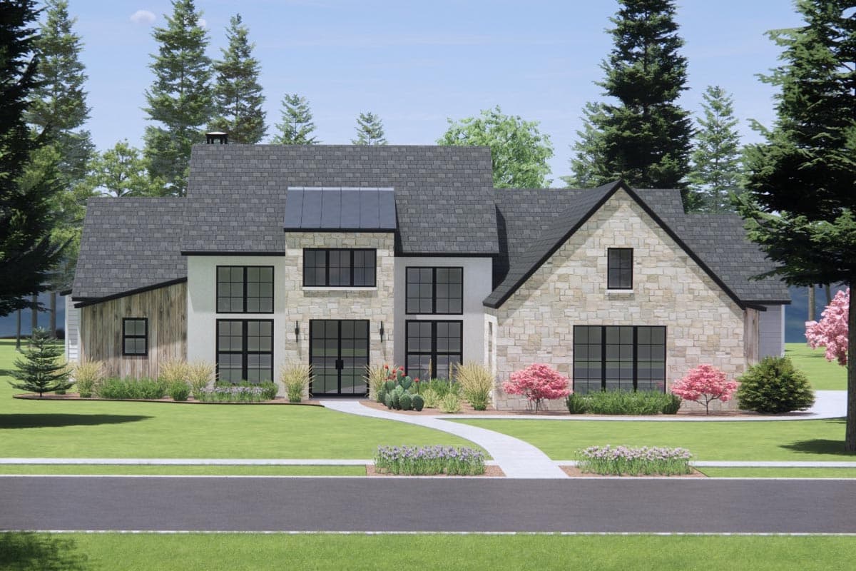House plan exterior of a two-story Modern Farmhouse with stone and wood siding, a metal roof gable, and multiple dark-framed windows.