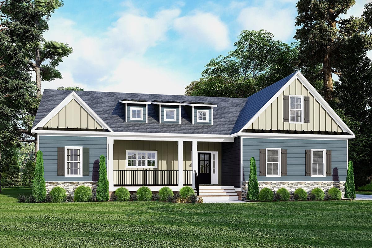 House plan exterior. Two-story, Craftsman style home with front porch, dormers, gables, and a blue and beige exterior.