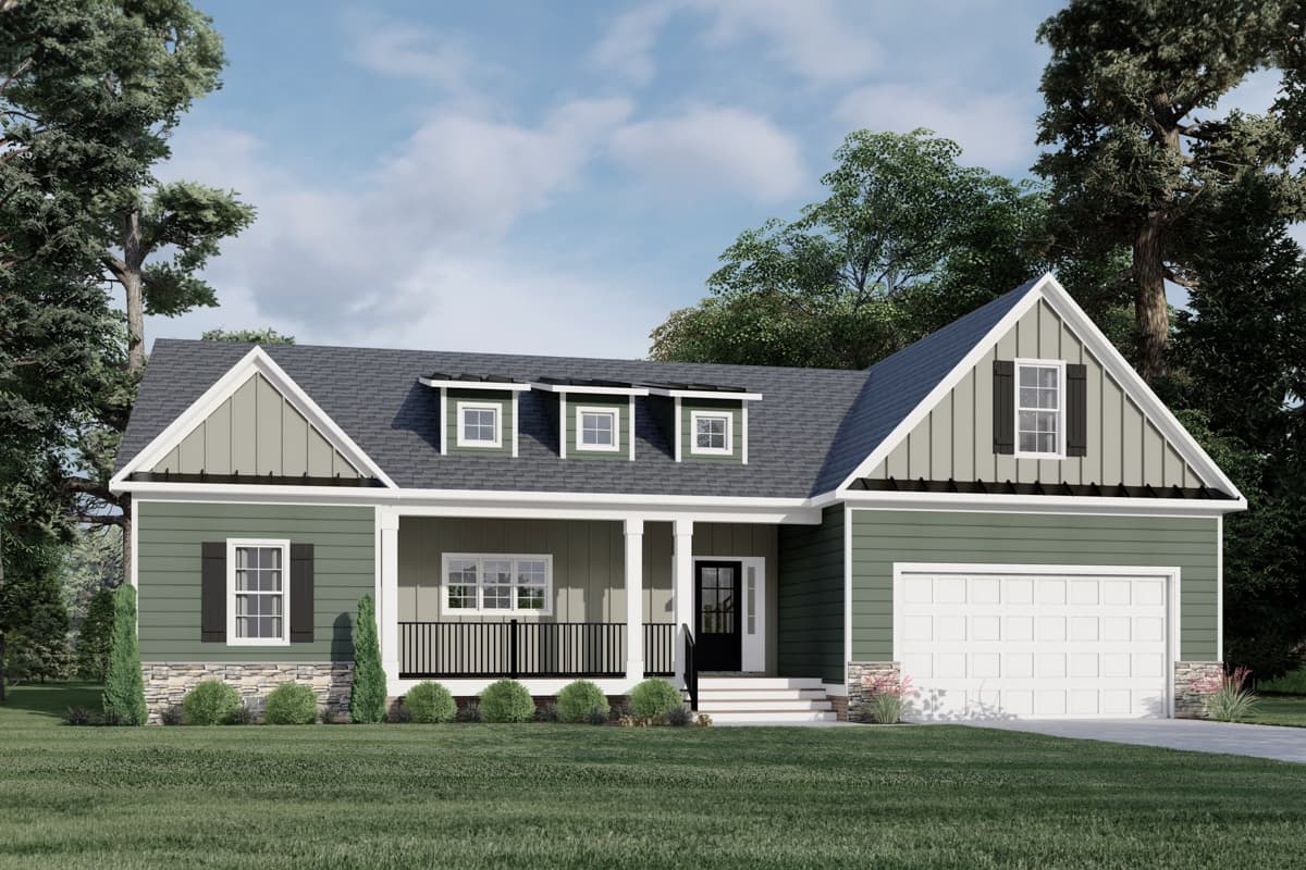 House plan exterior: one-story Modern Farmhouse with gabled dormers, covered front porch with white columns, and attached garage.