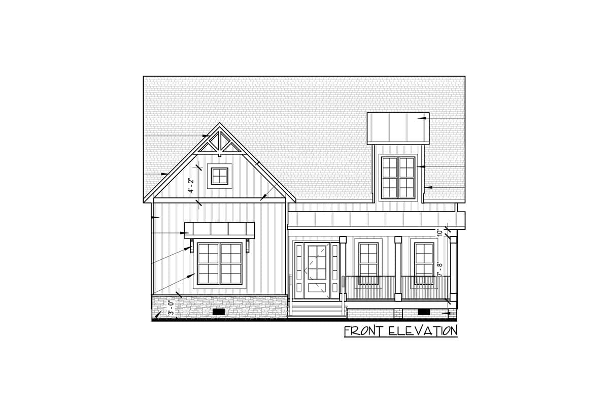 Front elevation drawing of a two-story house plan with a gabled dormer, front porch, and board and batten siding.