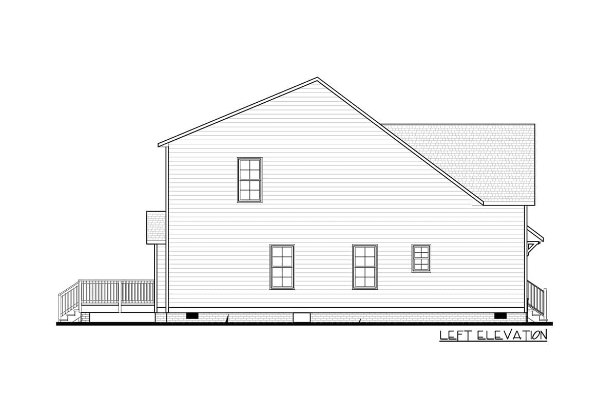 Left elevation house plan drawing showing two stories, siding, pitched roof, deck, and multiple windows.