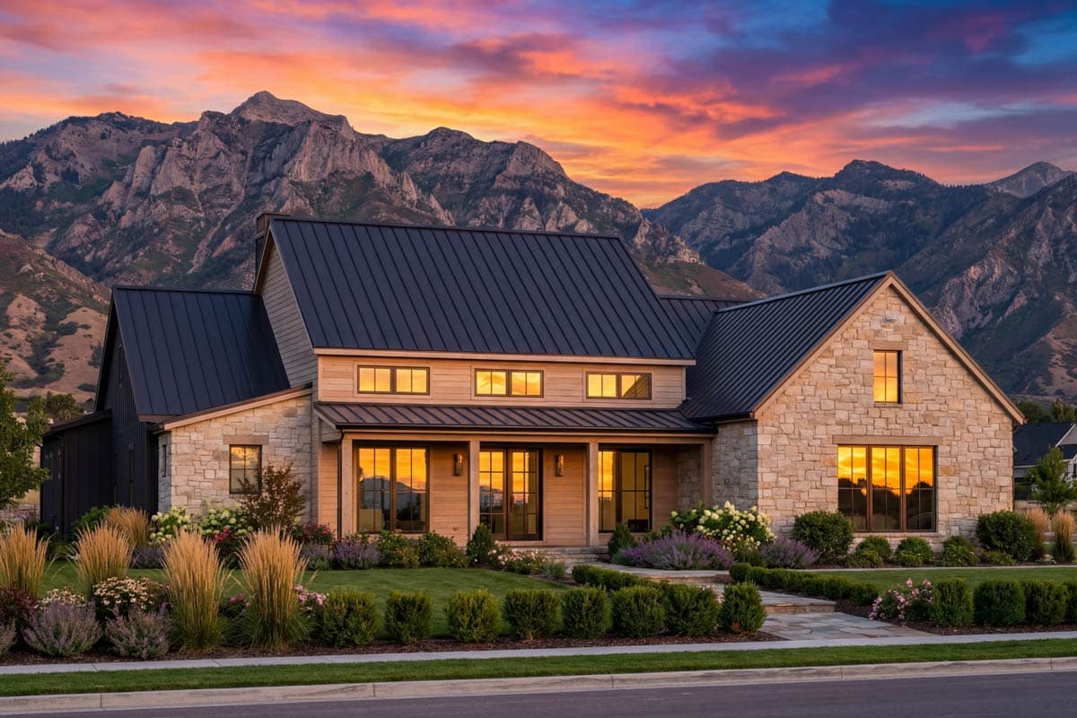 Modern Farmhouse exterior with stone and wood siding, metal roof, and covered porch.