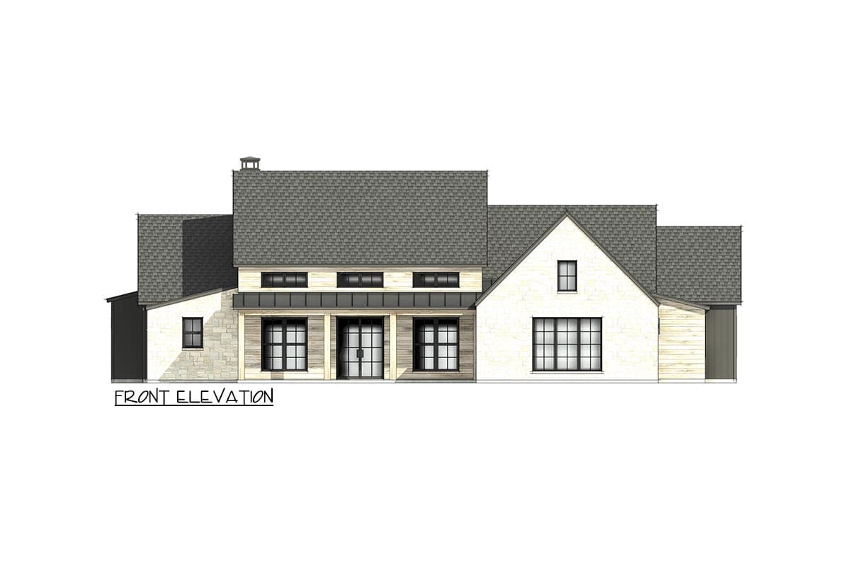 Front elevation drawing of a house with stone and wood siding, gabled roof, covered porch, and multiple windows.