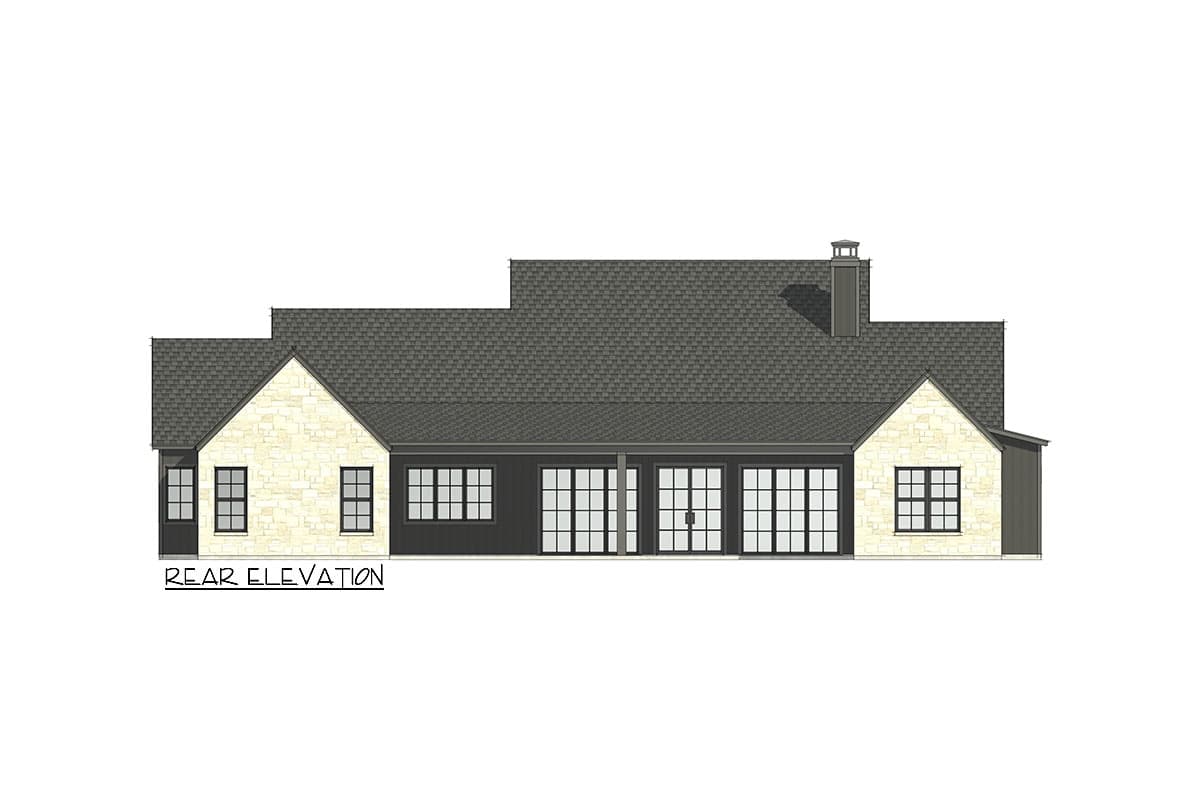 Rear elevation drawing of a single-story house with stone accents, large windows, and a gabled roof.