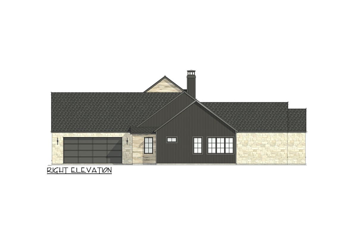 House plan right elevation drawing with stone and vertical siding, gable roof, and attached garage.