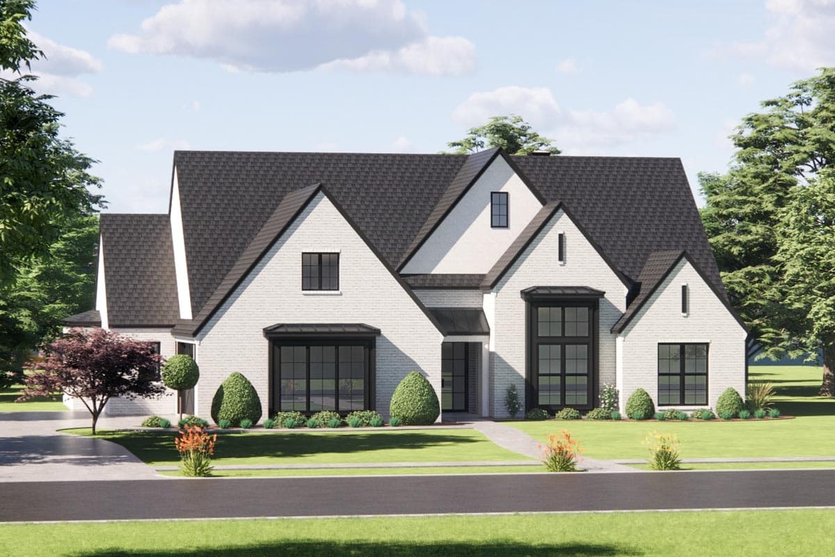 House plan exterior featuring a two-story Modern Farmhouse design. Notable features include multiple gables, a black shingled roof, and large windows.