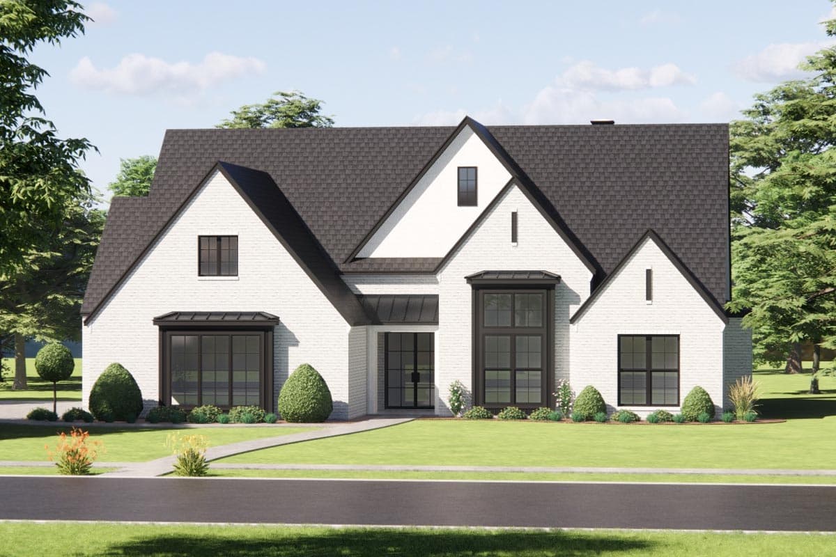House plan exterior of a two-story Modern Farmhouse with white brick, multiple gables, and large black-framed windows.