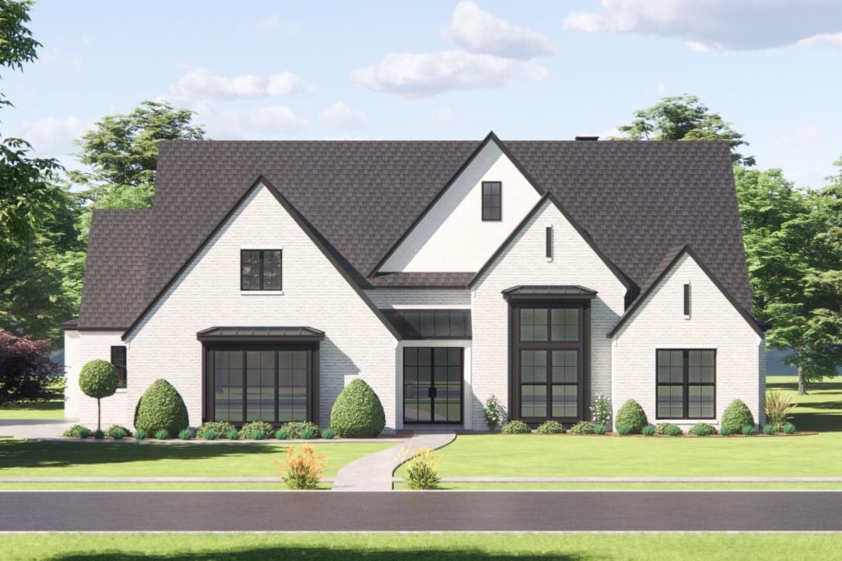 House plan exterior: Modern Farmhouse style, two stories, white brick, prominent gables, and large black-framed windows.