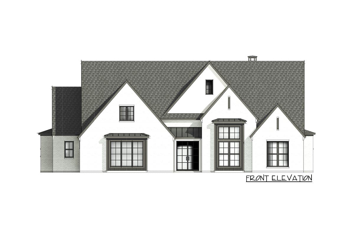 Front elevation of a two-story house plan with gables, large grid windows, and a steeply pitched roof.