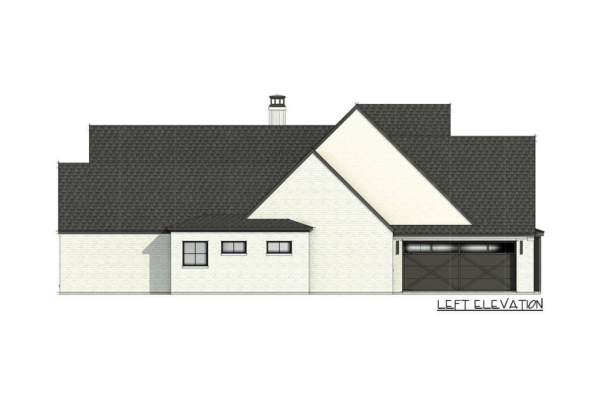 Left elevation drawing of house plan with brick exterior, gabled roof, multiple windows, and a large garage door.