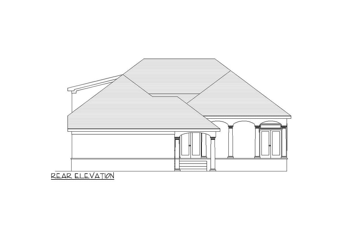 Rear elevation drawing of a house plan featuring a multi-level roof, covered porch with columns, and double doors.