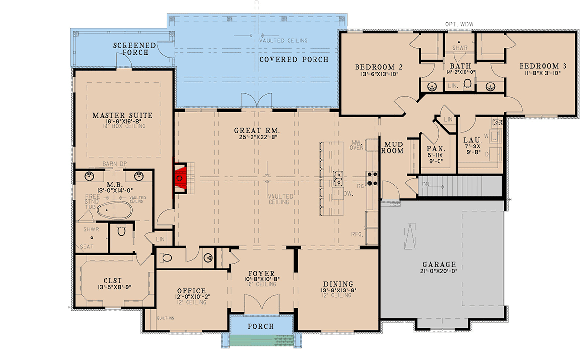 Plan 70846MK: Single-Story Southern Home Plan with Optional Walkout Basement - 2886 Sq Ft - Floor Plan - Main Level - Country, Ranch, Southern, Traditional