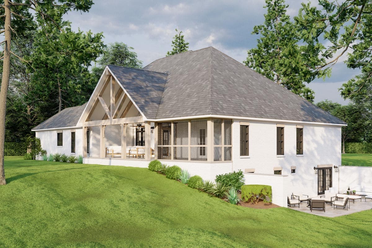 House plan exterior: Modern Farmhouse style, one-story with exposed wood beams on covered porch and screened-in porch.