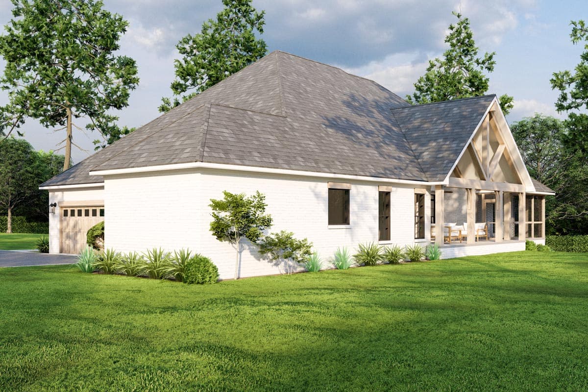 House plan exterior: white brick, single-story, gabled roof, attached garage, and covered screened porch with exposed beams.