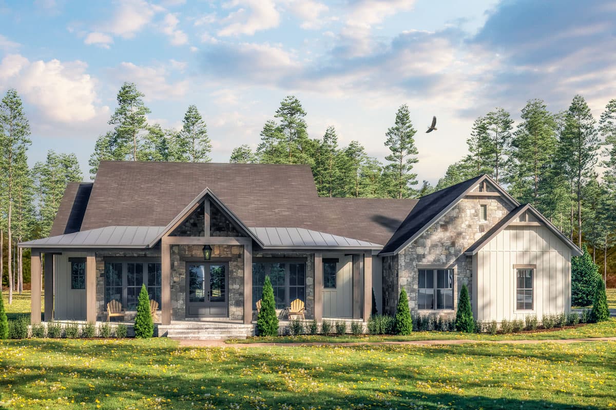 House plan exterior. One-story farmhouse with a covered porch, stone accents, gabled roof, and mixed siding materials.