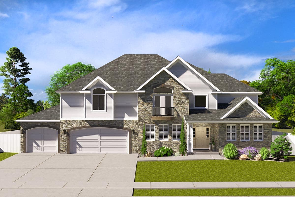 House plan exterior. Two-story home with a stone and siding facade, gabled roof, dormers, and an attached three-car garage.