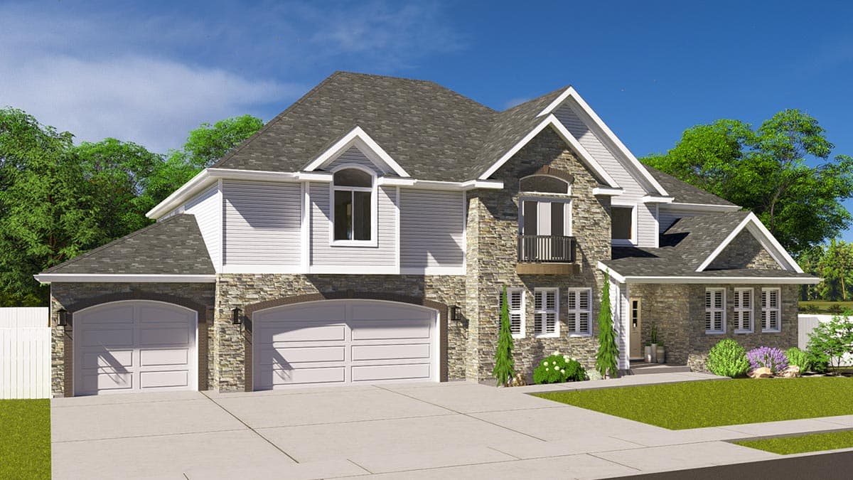 House plan exterior with stone and siding, two-car garage, gables, and dormers.