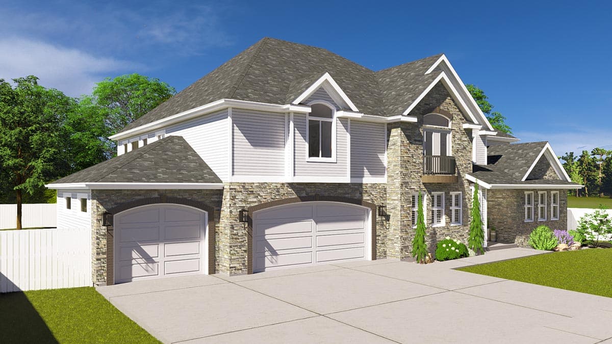House plan exterior: two-story with stone and siding, triple garage, gables, and a second-story balcony.