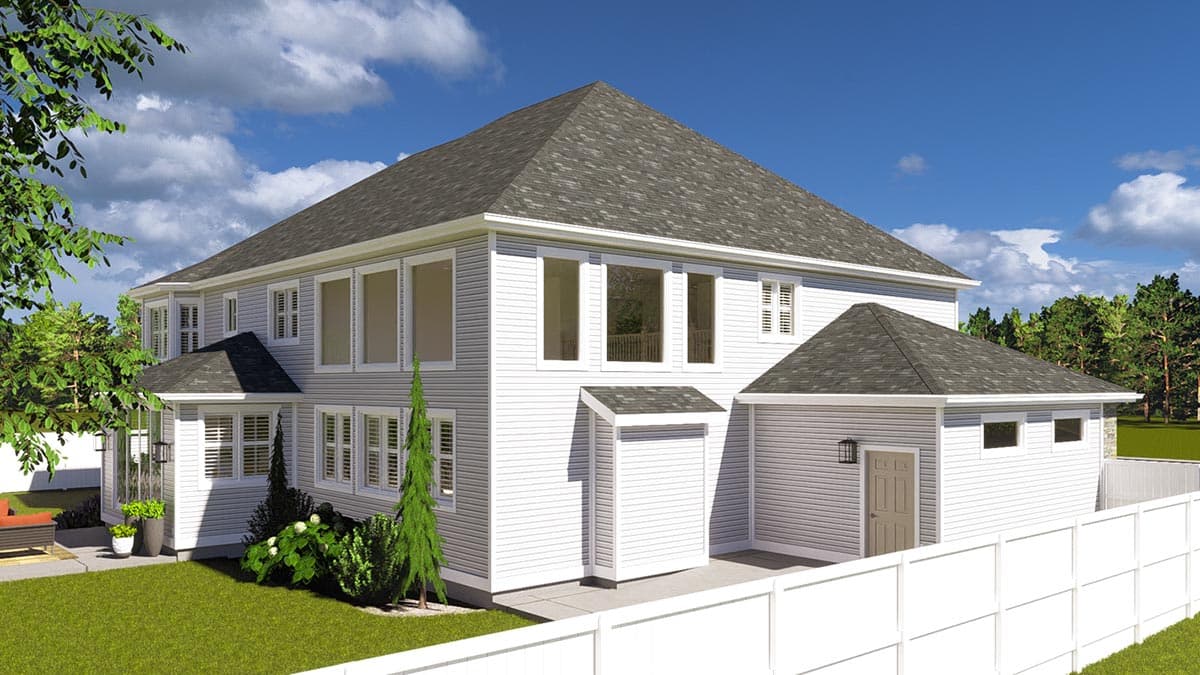 House plan exterior with multiple stories, prominent gables, large windows, and an attached garage.
