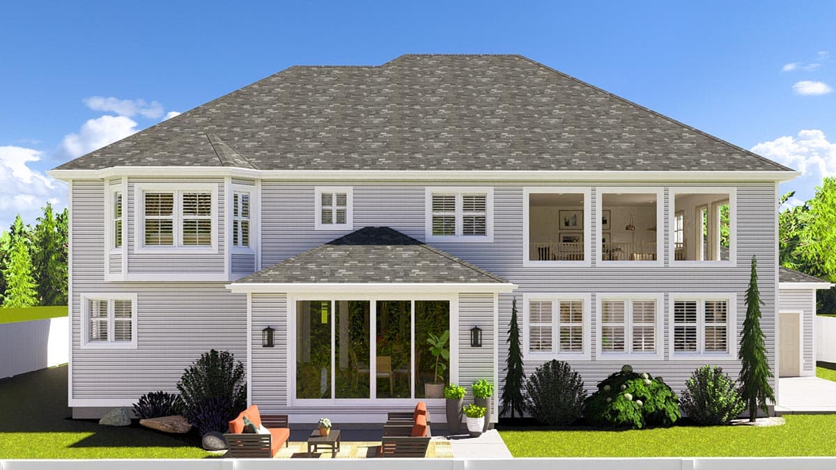 Two-story house plan exterior with bay windows, gable roof over sliding glass doors, and large upper-level windows.