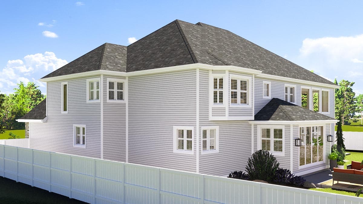 House plan exterior: Two-story home with vinyl siding, gable roof, bay windows, and sunroom.
