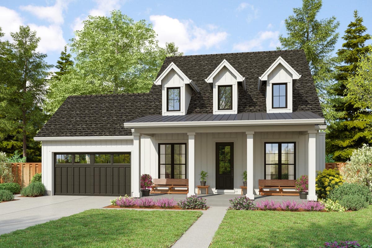 House plan exterior. Two-story Modern Farmhouse with a front porch, three dormers, and an attached garage with carriage-style doors.