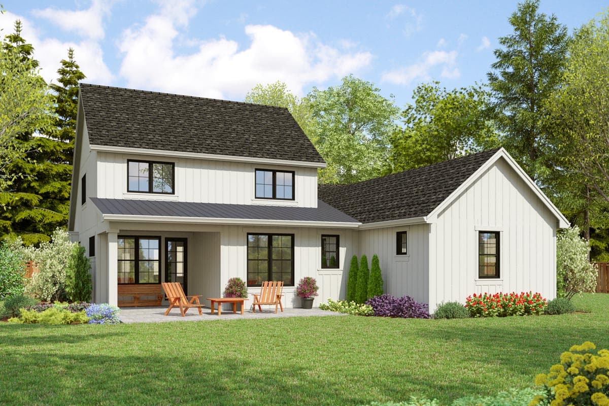 Modern Farmhouse house plan exterior with two stories, white vertical siding, gabled roof, and covered porch with seating.