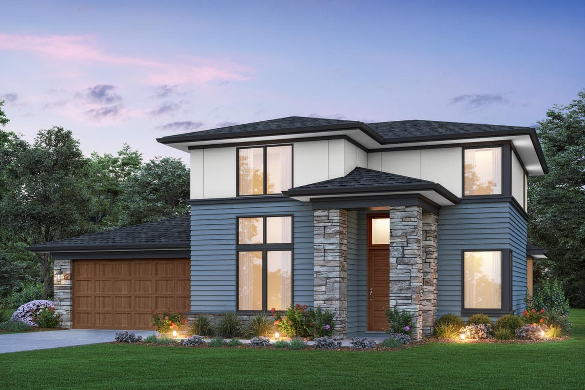 House plan exterior. Two-story modern house with stone facade entry, attached garage, and contrasting rooflines.