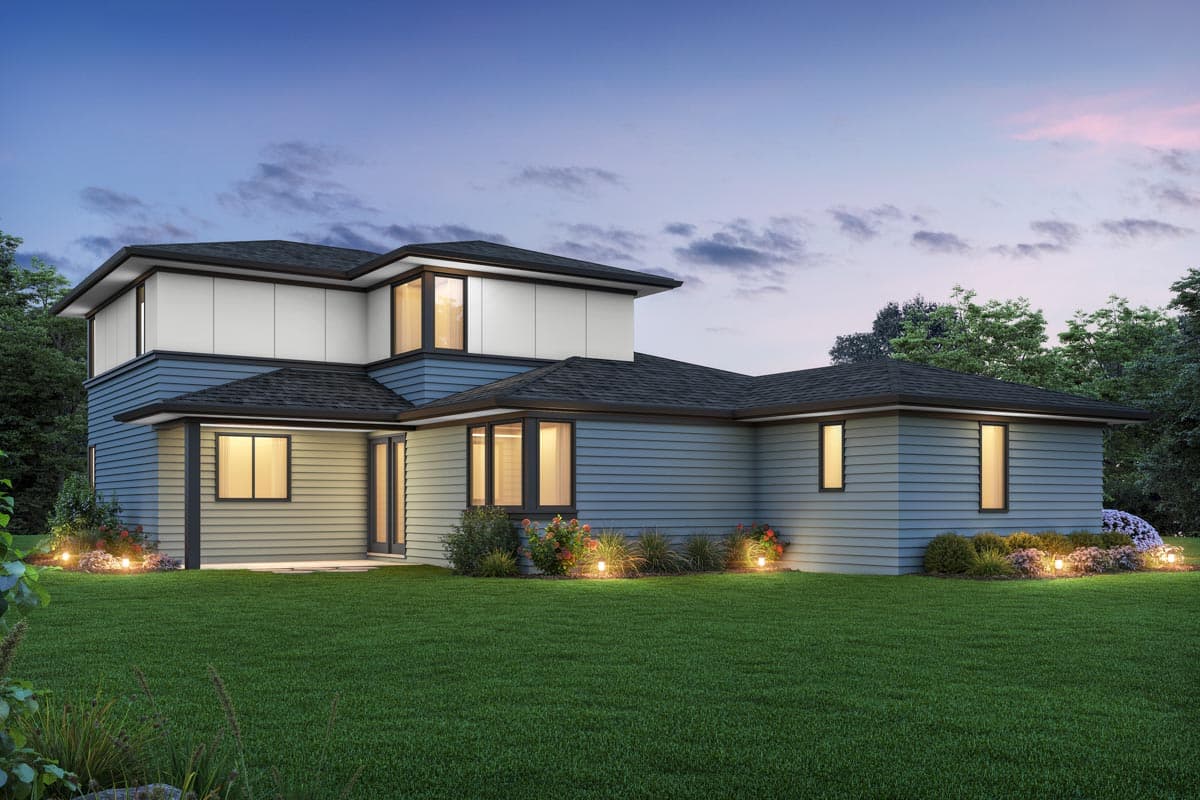Modern house plan exterior with stacked stories, horizontal siding, and prominent rooflines.