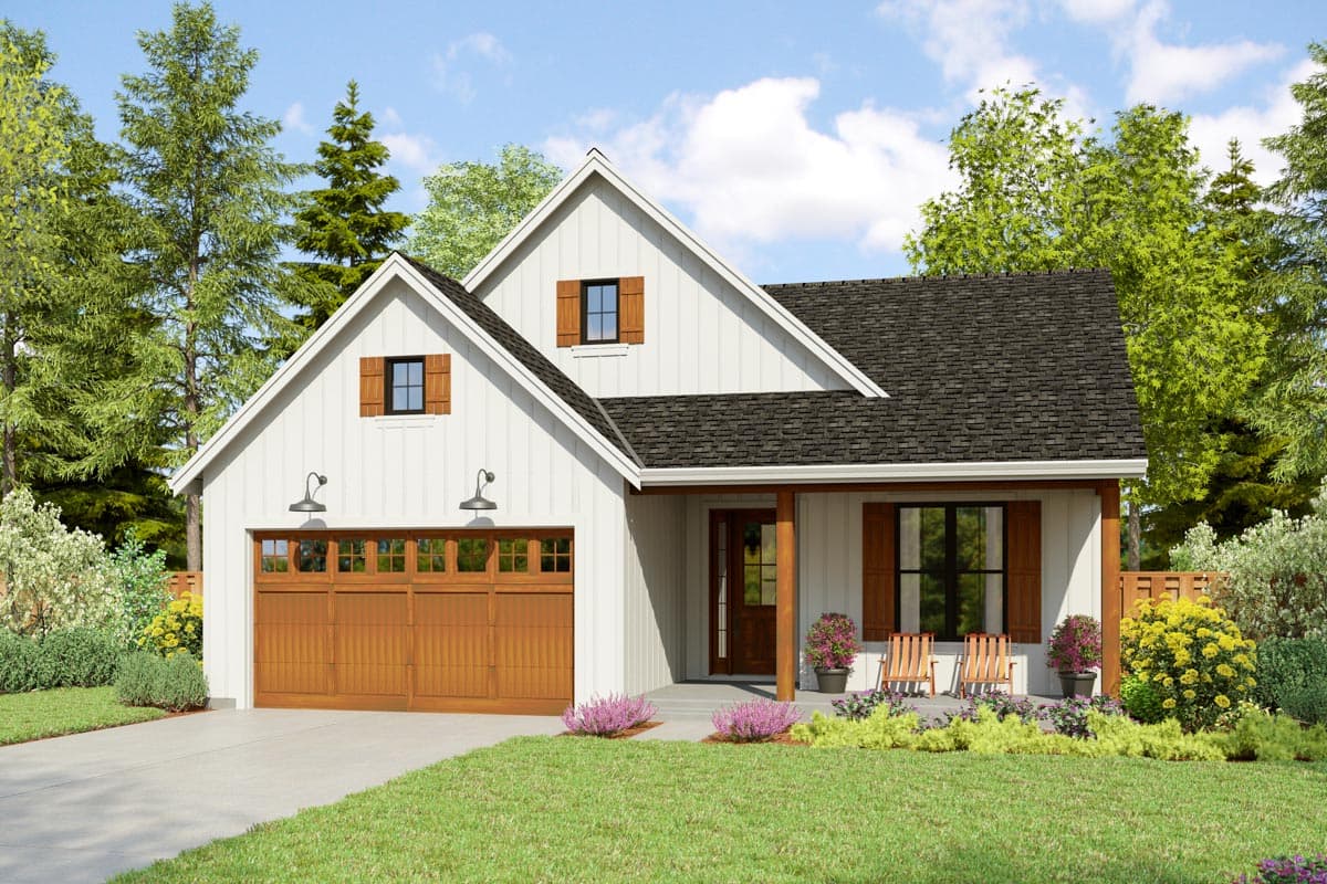 House plan exterior. Modern Farmhouse style, one story, with gabled roof, a front porch, and garage with carriage-style doors.