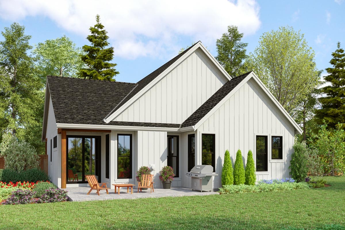 Modern Farmhouse house plan exterior with board-and-batten siding, gable roofs, and a covered patio.