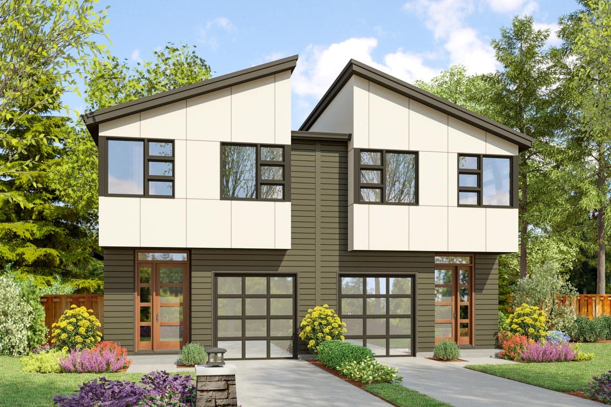 House plan exterior featuring a modern design, two stories, flat rooflines, and a garage with glass panels.