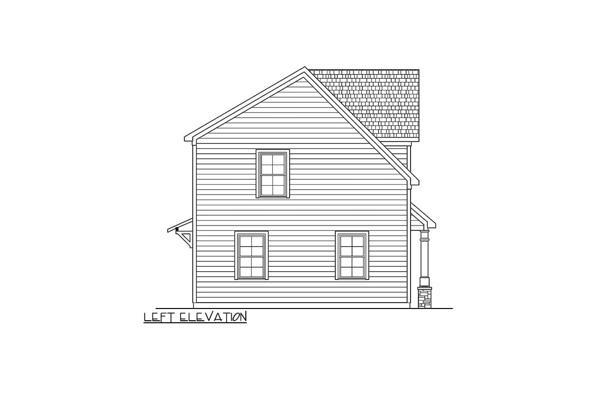 Left elevation house plan drawing showing two stories, horizontal siding, pitched roof, and a columned porch.
