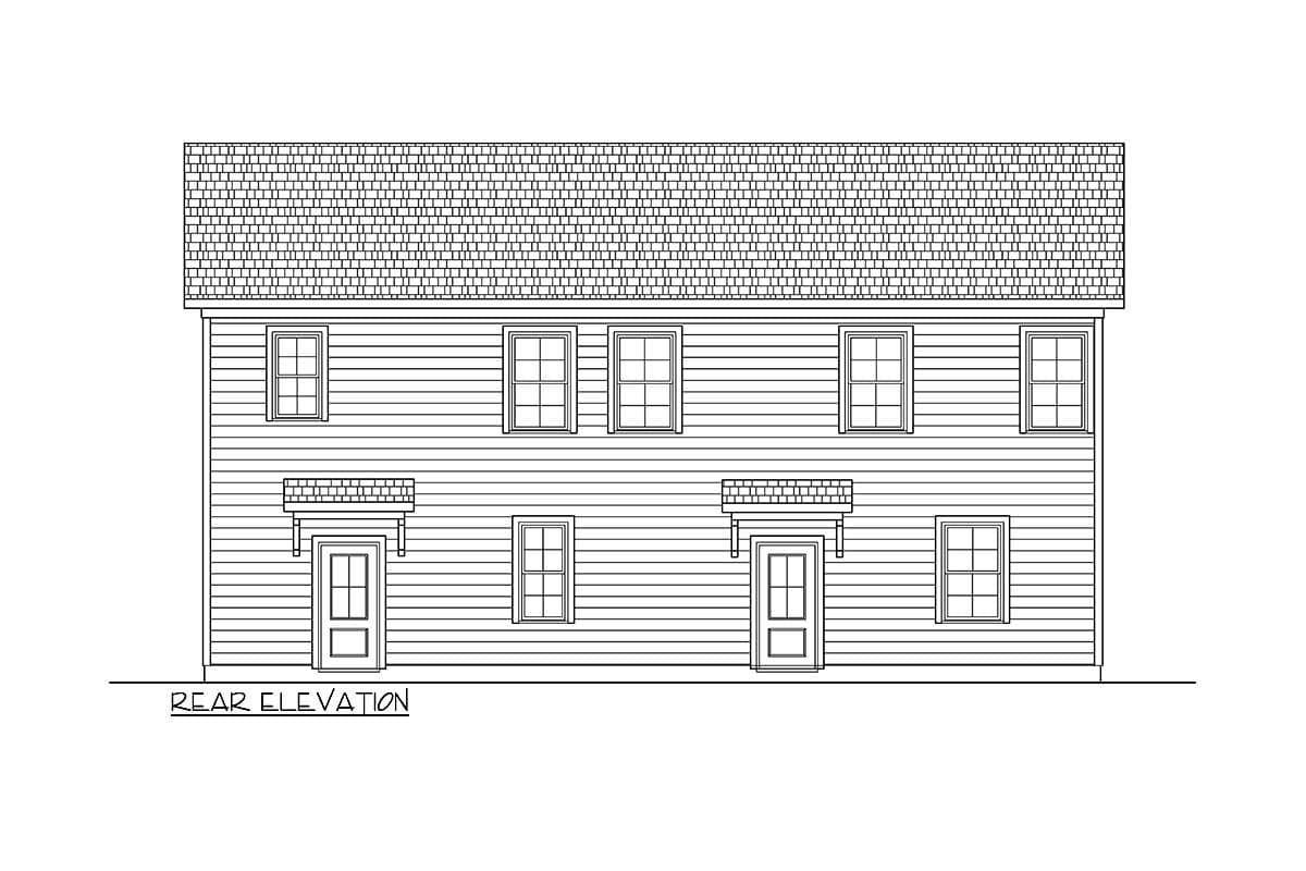 Rear elevation drawing of a two-story house plan with two doors and multiple windows on each level.