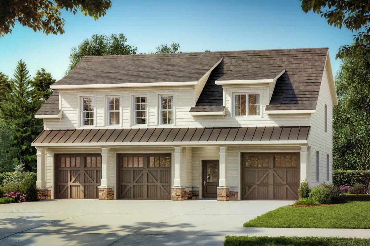 House plan exterior with two stories, a covered porch, multiple dormers, and a three-car garage in a craftsman style.