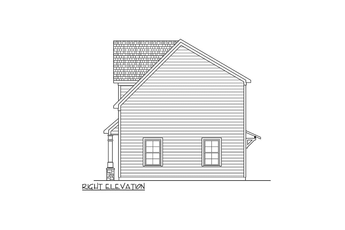 House plan right elevation drawing shows a two-story house with horizontal siding, gable roof, dormer, porch column, and two windows.