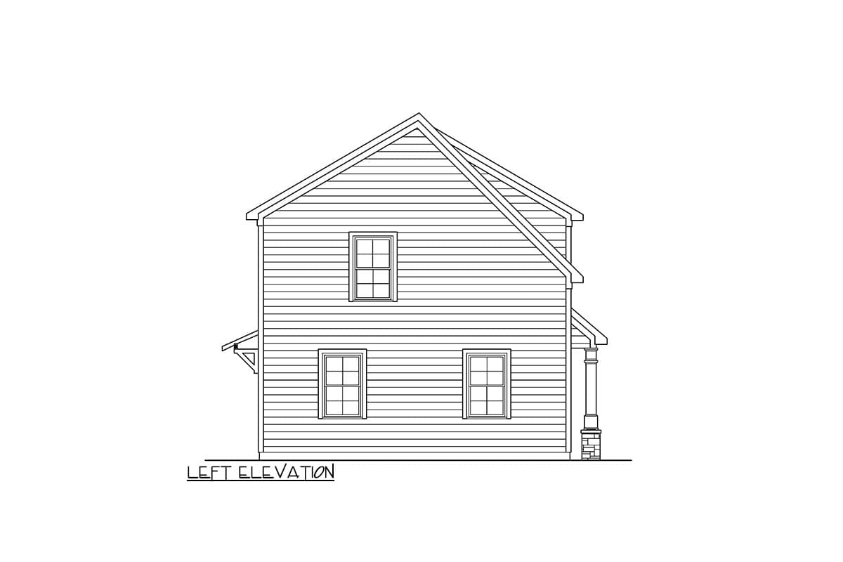 Left elevation drawing of a two-story house plan with a gable roof, double-hung windows, and a covered porch.