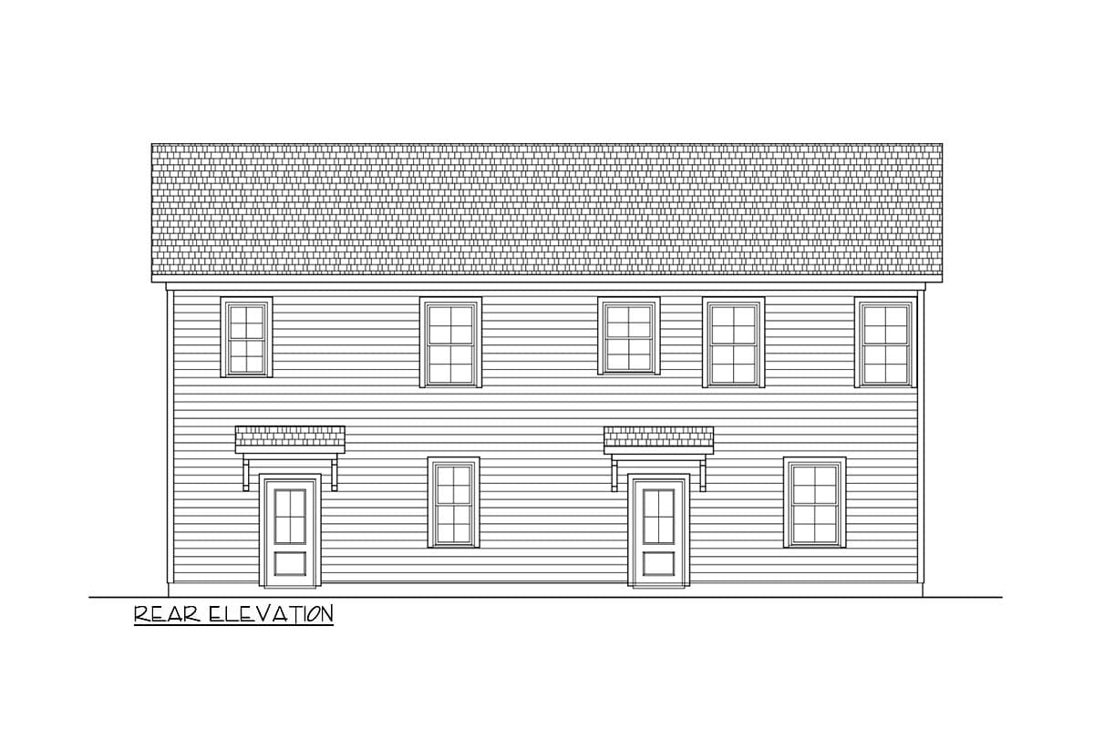 Rear elevation drawing of a two-story house plan with siding, shingled roof, two entry doors, and multiple windows.