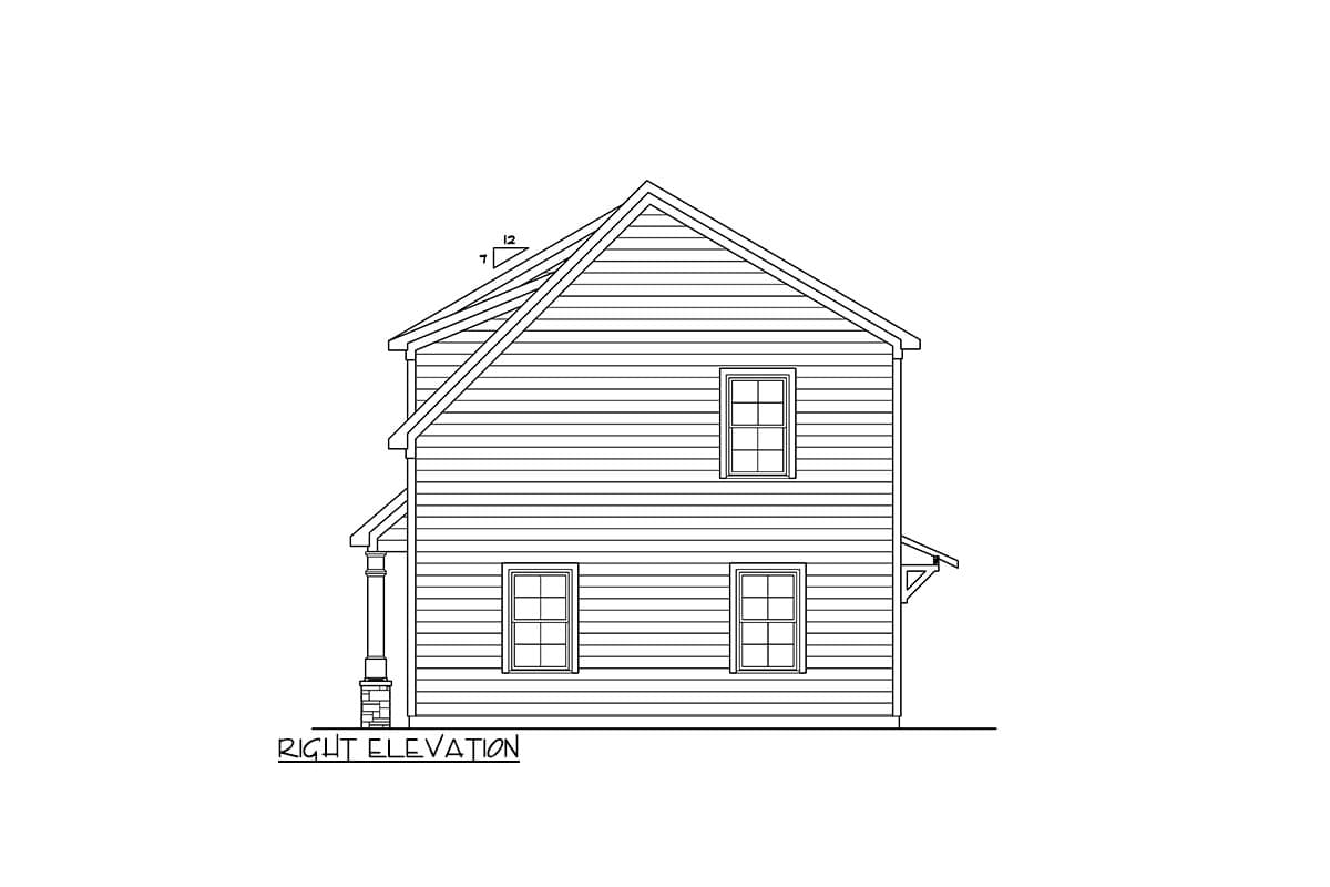 Right elevation drawing of a two-story house plan with lap siding, a prominent gable roof, and a covered porch entry.