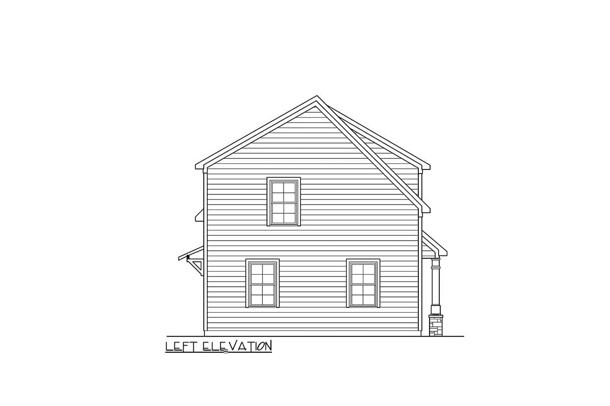 Left elevation drawing of a two-story house plan with horizontal siding, multiple windows, and a covered porch.