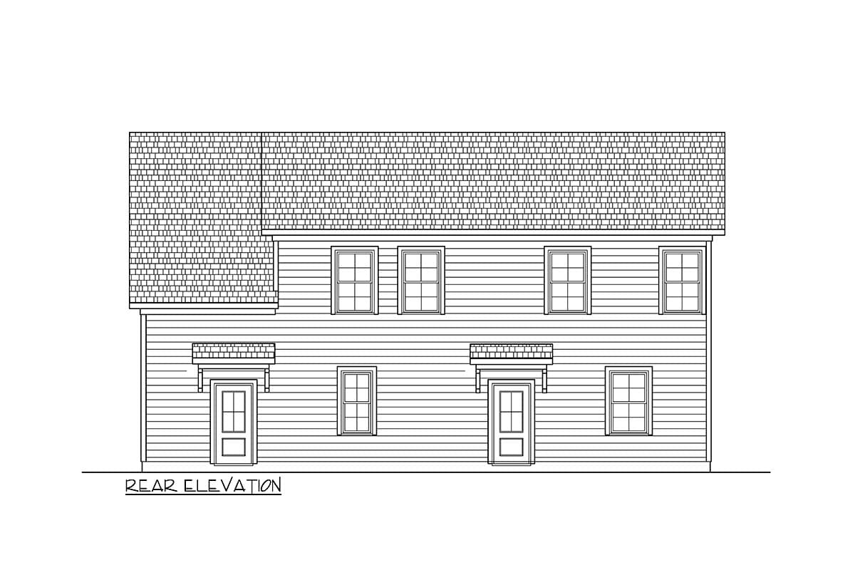 Rear elevation drawing of a two-story house with horizontal siding, two doors with awnings, and multiple windows.