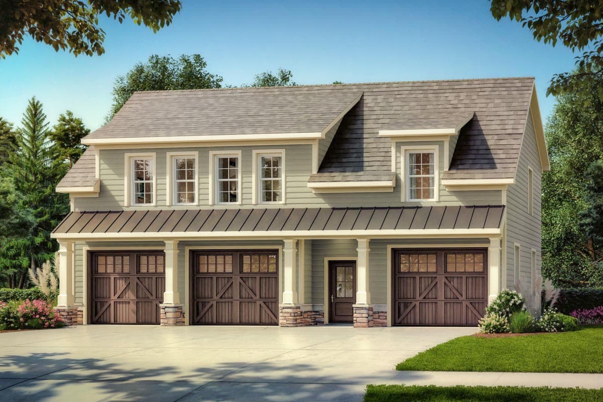 House plan exterior with Craftsman style. Two-story home with gable roof, dormers, and three-car garage with a porch.