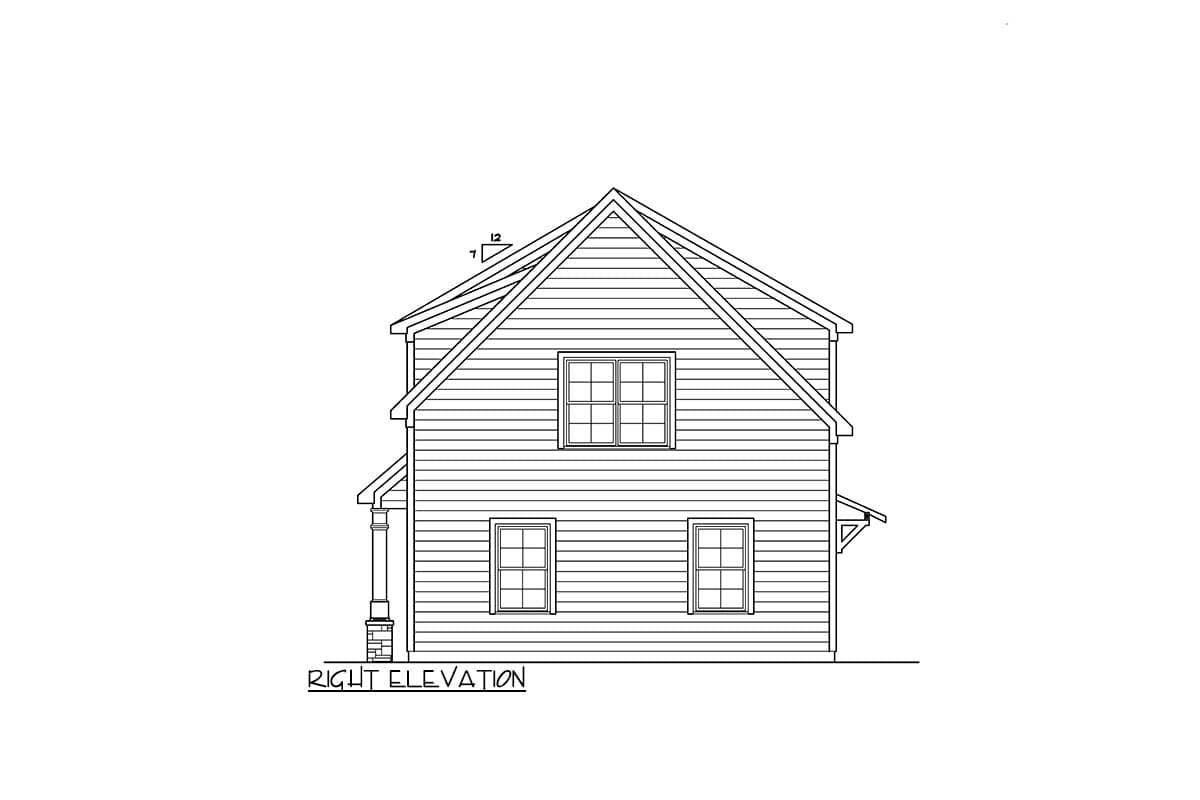 Right elevation house plan with clapboard siding, gabled roof, and three windows.