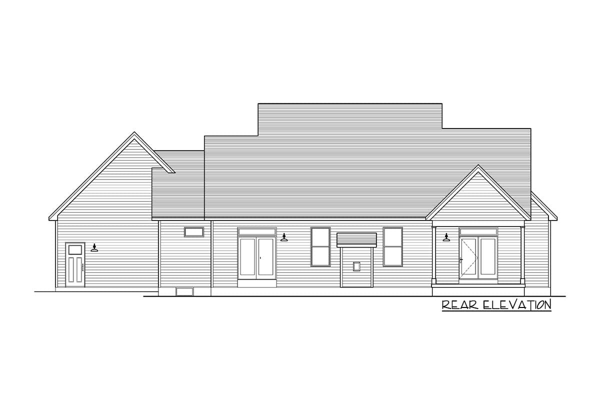 Rear elevation house plan drawing showing varied rooflines, multiple windows, two doors, and a small porch.