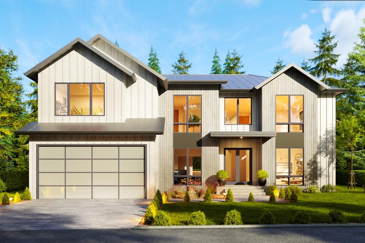 Modern house plan exterior with board and batten siding. Features include a two-story design, flat roof, and an attached garage with glass panel door.