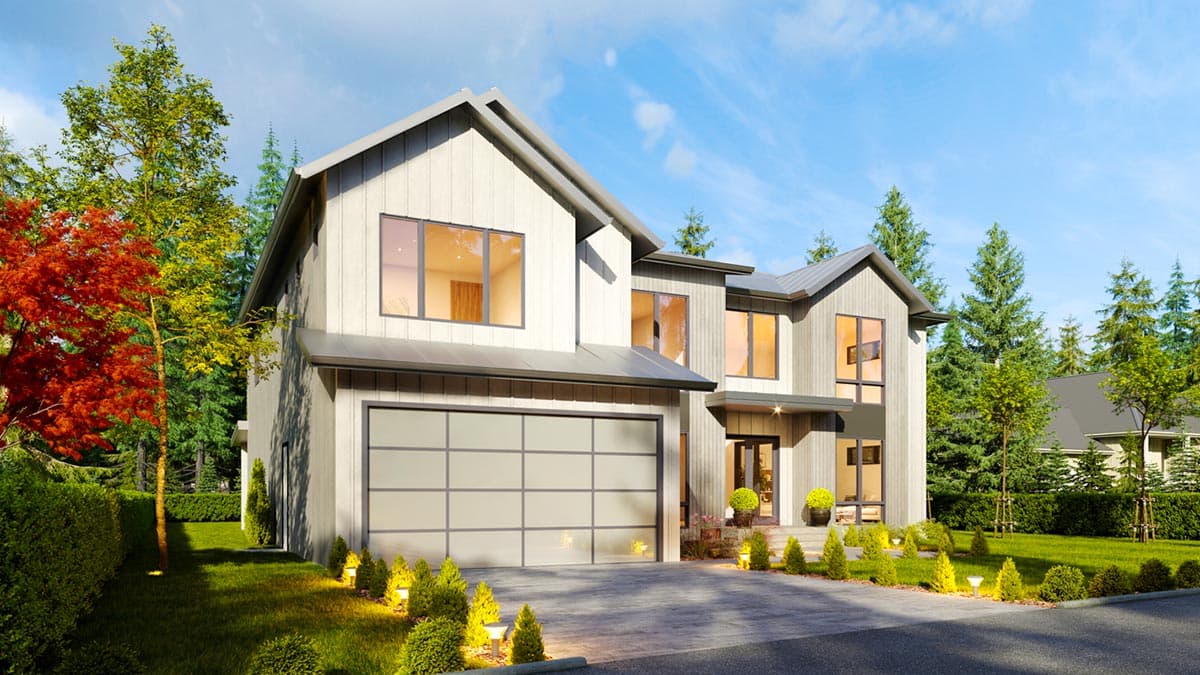 Modern house plan exterior with vertical siding, large windows, gabled rooflines, and a frosted glass garage door.