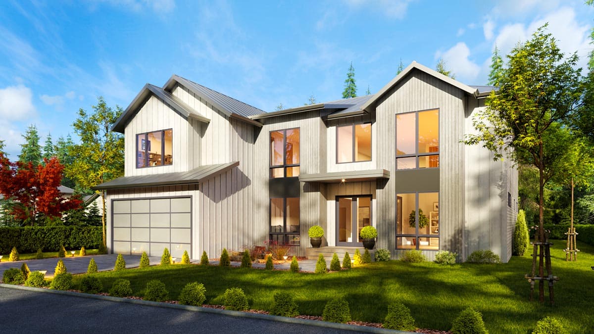 Modern house plan exterior with a metal roof, vertical siding, gabled dormers, large windows, and an attached garage.